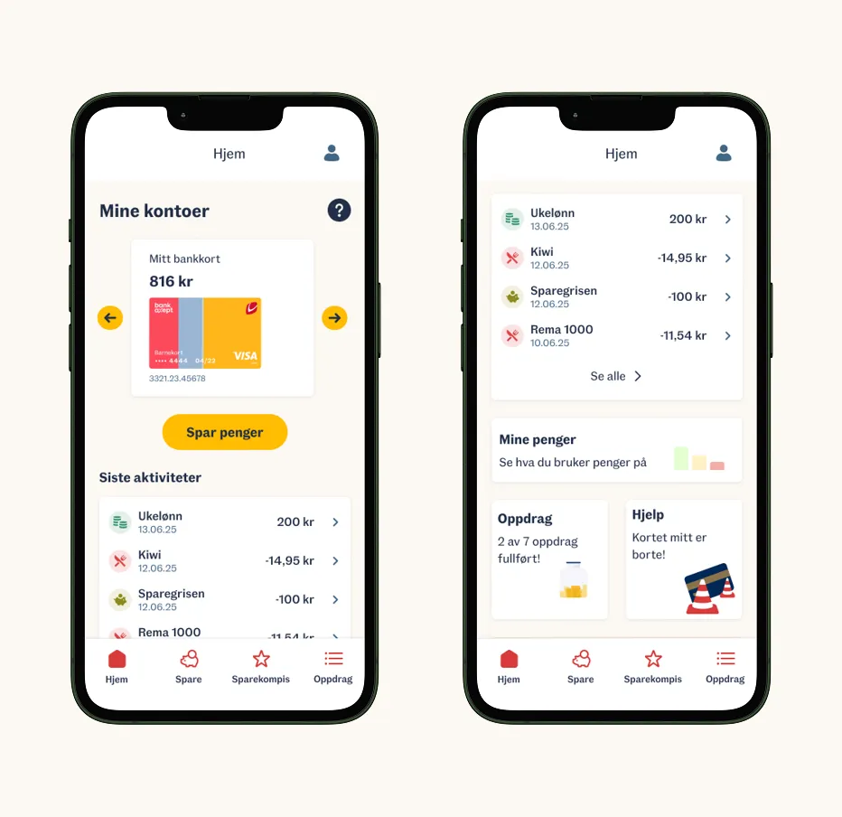 Hjemskjerm for barnebanken som viser saldo på brukskonto og sparekonto med visuelle ikoner og barnevennlig språk.