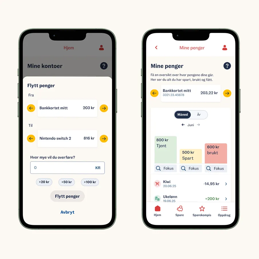Skjermbilder som viser funksjonene 'Flytt penger' og 'Mine penger', med kategorier Tjent, Spart og Brukt, og oversikt over barnets transaksjoner.
