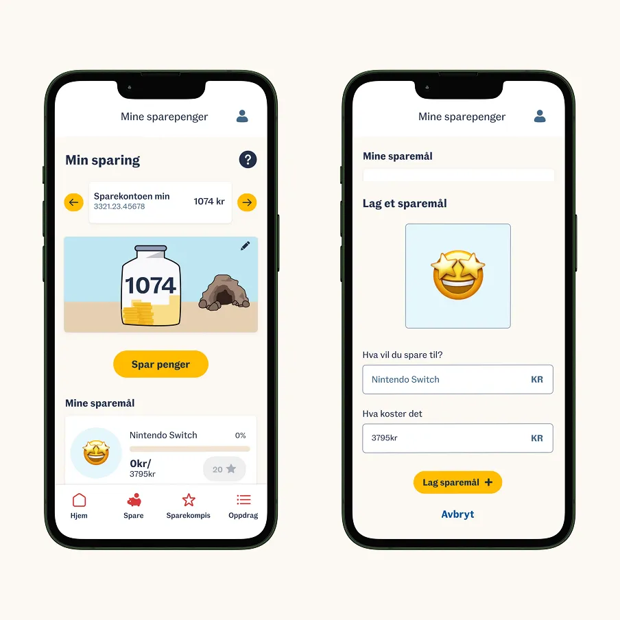 Skjermbildet 'Mine Sparepenger' med animert sparekompis som passer på pengene, sparemål og belønningssystem med stjerner.