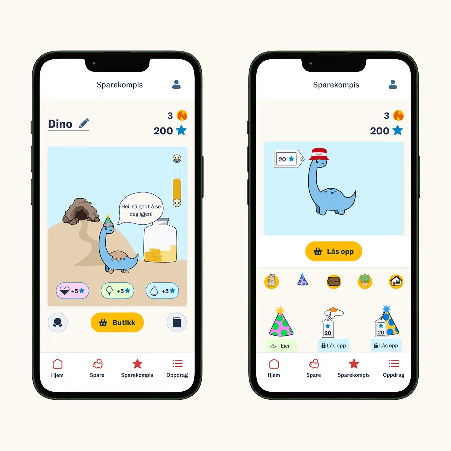 Sparekompis-avatar som barna kan tilpasse og ta vare på, belønner sparing og oppdrag med stjerner som brukes i Kompisbutikken