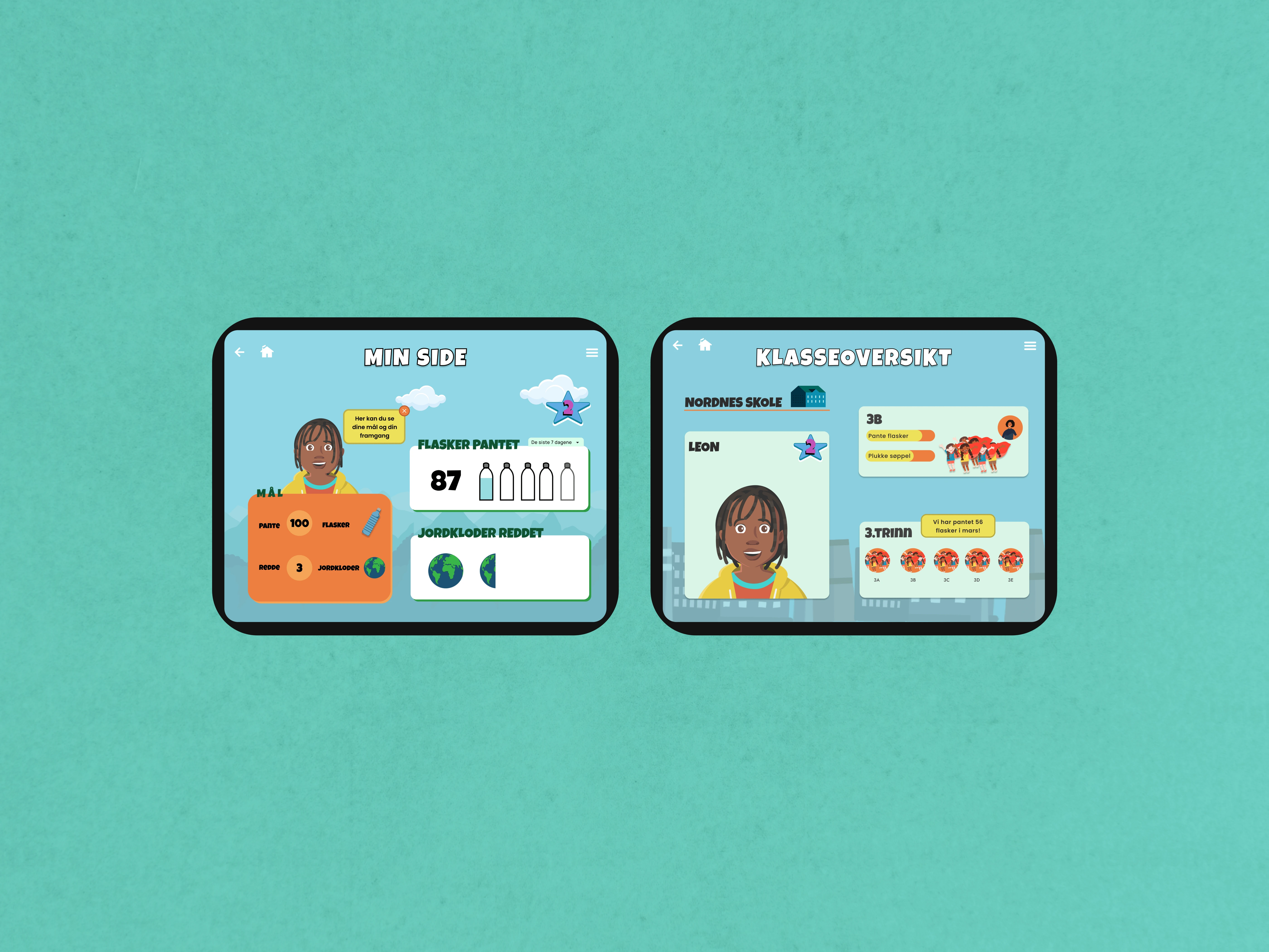 Two IPad-screens displaying both "My page" and "Class room overview" in the Drømmeland app.