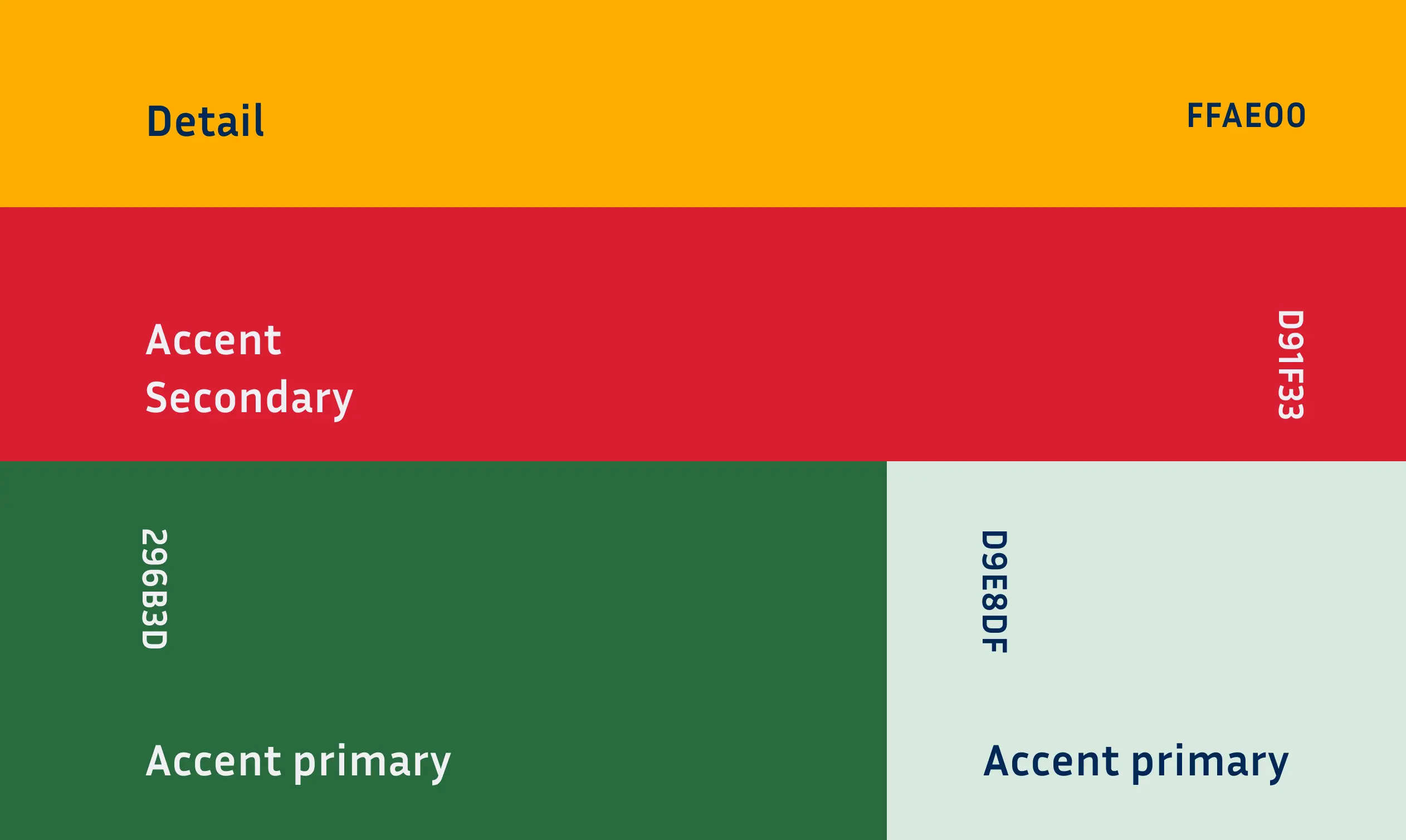 An overviw of the accent colors used in the design. It contains the colors and respective codes.