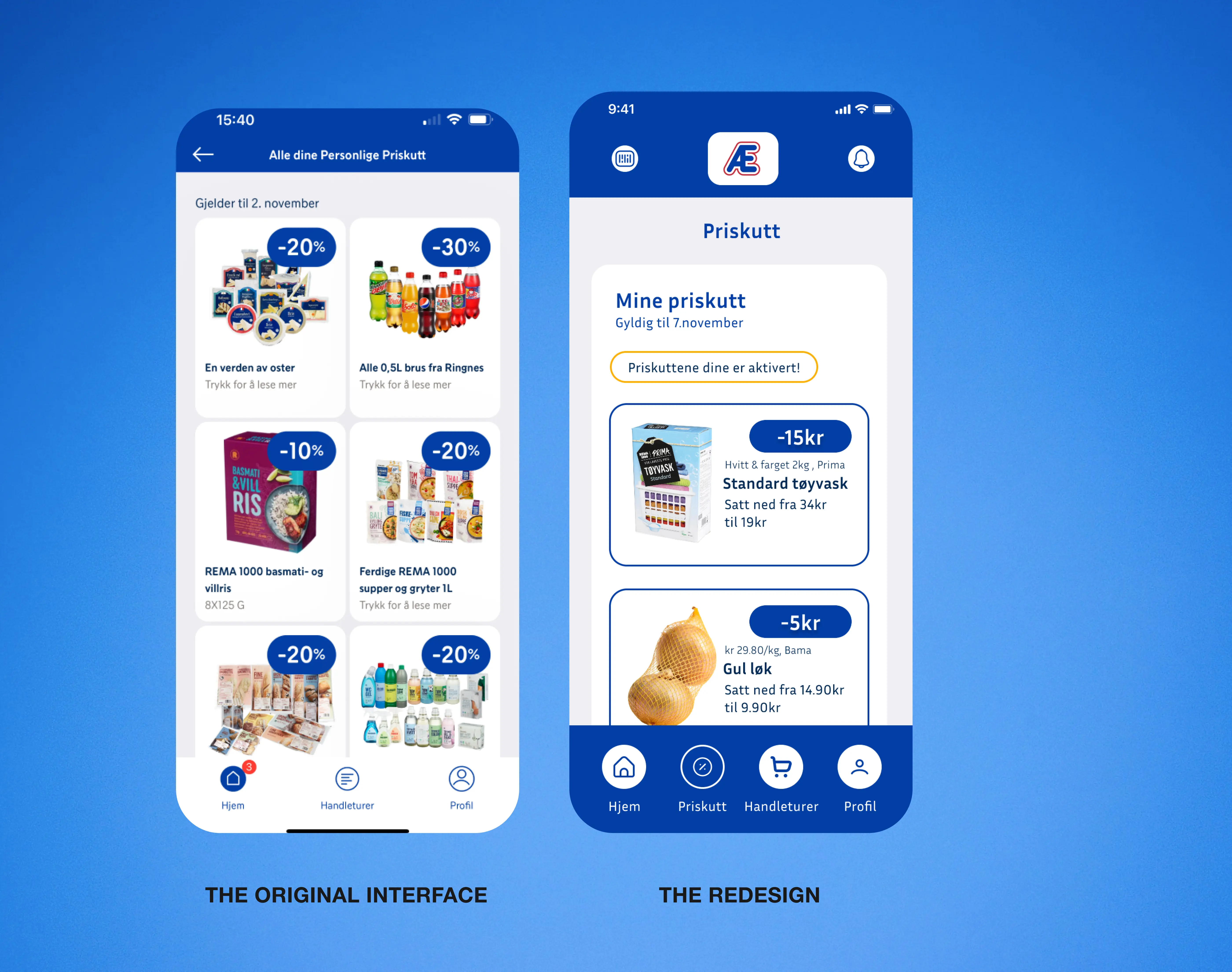 Two screens showing the original interfaces "Personal discounts"-page, and the redesigned page.