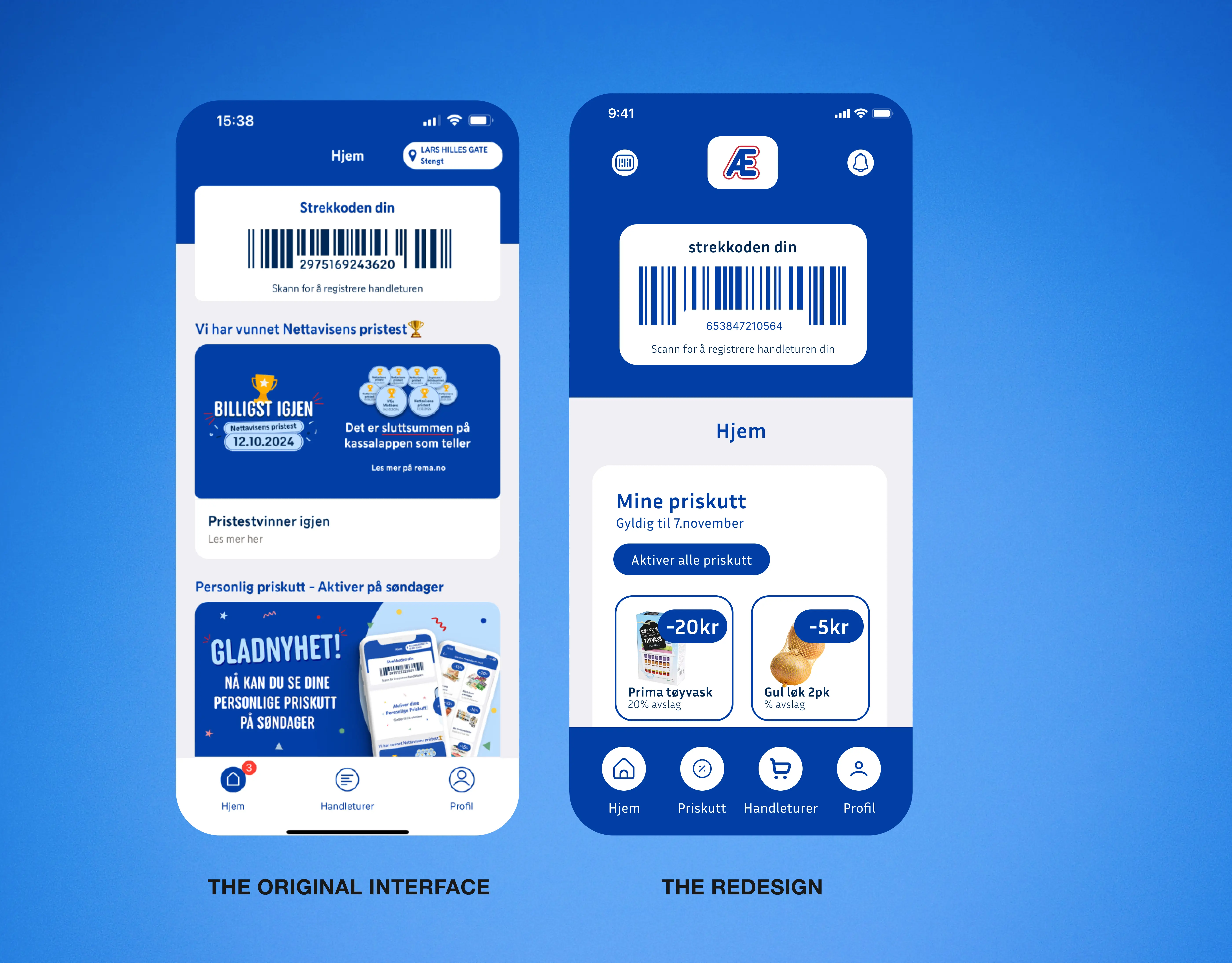 Two phone screens, the homepage of the app and the page showing your discounts.