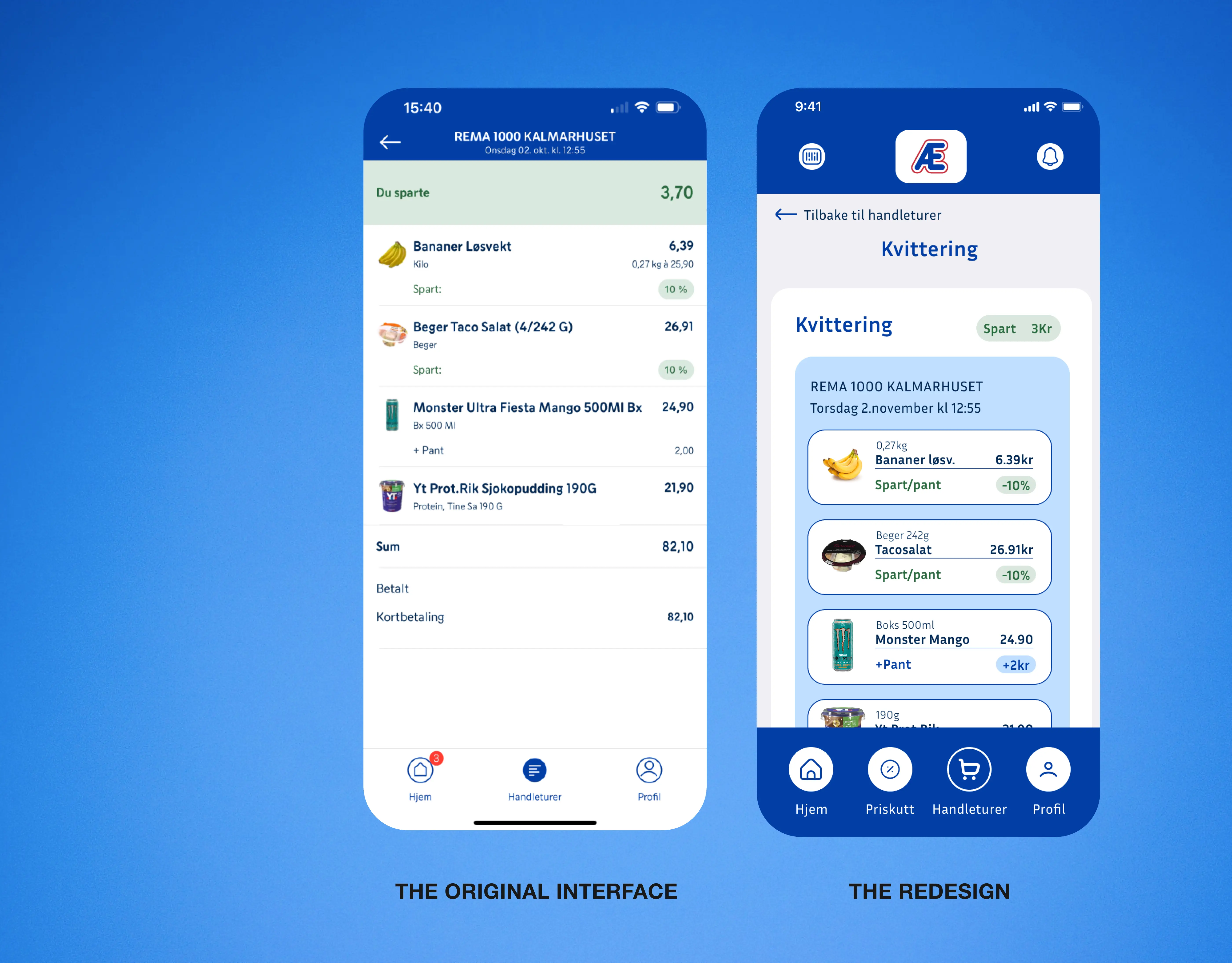 Two phone screens: the current design of the Æ-app, and the new version, both screens showing the receipt section of the app.